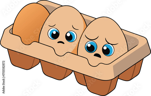 Sad eggs crying in carton missing one piece comic emotional concept food humor art emotionally expressive characters vector