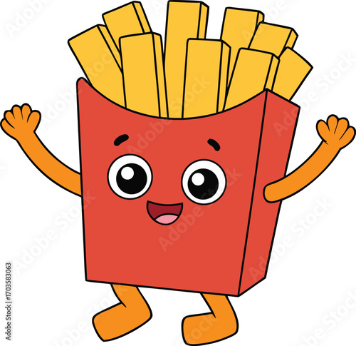 Happy cartoon french fries box dancing joyfully animated food character with arms and legs fun vector