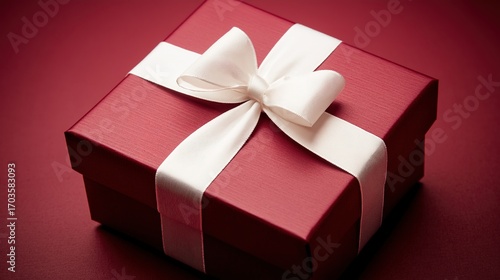 Red gift box with white ribbon and bow, centered product shot on clean background.