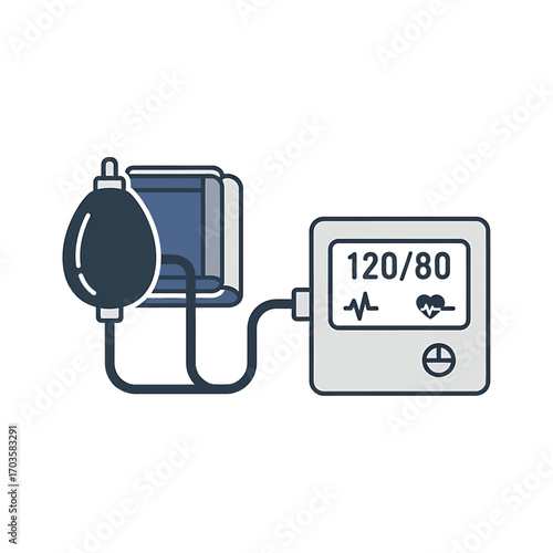 Illustration of a blood pressure monitor displaying a reading of 120 over 80, with a bulb and cuff connected.