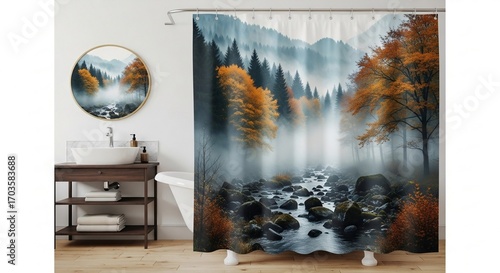 Misty autumn forest river scene on a shower curtain and mirror in a modern bathroom