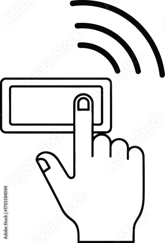 Hand pressing doorbell button sending out wireless signal for communication.