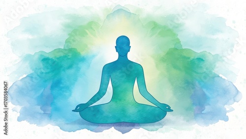 Serene silhouette of a person meditating in lotus pose surrounded by soft watercolor aura of light