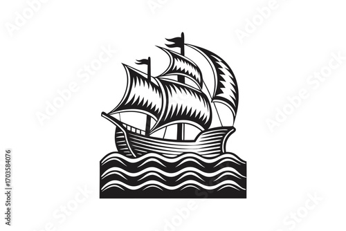 Black silhouette of a majestic ship navigating over the undulating water of the ocean