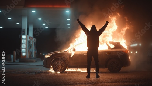 A man in silhouette stands triumphant, arms raised, in front of a blazing car at a gas station at night