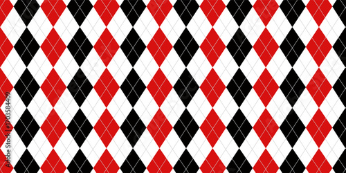 Harlequin red and black seamless pattern. Argyle classic fabric design texture. Diamond lozenge simple background with gold line.