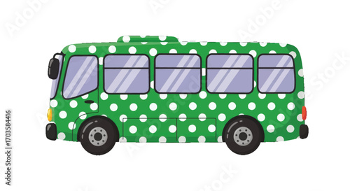 Whimsical green bus with white polka dots for fun travel.