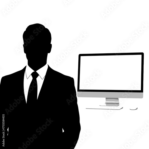 Silhouette of a businessman in a suit next to a computer