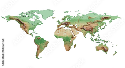 Physical world map showing topographic relief and elevation.