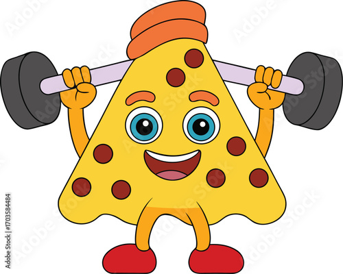 Funny pizza slice character lifting weights with a determined expression comic humor food fitness concept vector