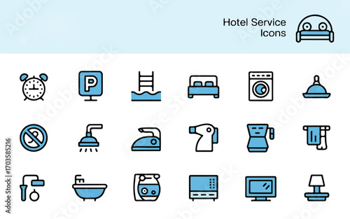 Assortment of blue and white line icons for hotel services and amenities alarm clock parking