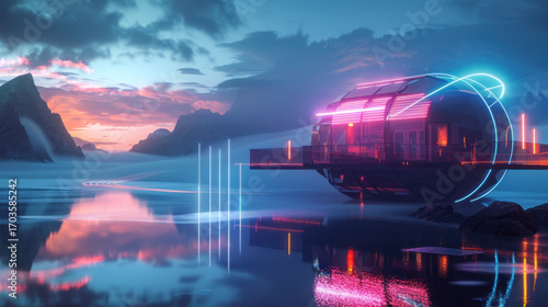 Futuristic floating house dusk landscape