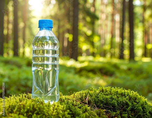 Fototapeta Naklejka Na Ścianę i Meble -  Clear plastic water bottle on moss in a forest