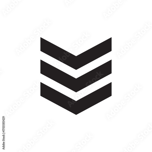 minimalist chevron stripes icon vector art, three black chevrons design, downward pointing arrows symbol, military rank insignia illustration, modern geometric pattern vector, black and white.