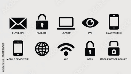 Black icons with labels for security and technology concepts internet communication