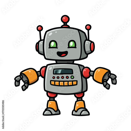 Cute cartoon robot with a friendly smile isolated on white background, vector illustration