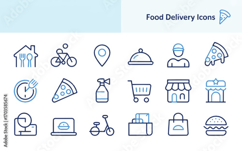 Collection of blue and white line icons related to food delivery services restaurant house