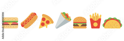 Collection of Flat Design Fast Food Icons on White Background burger hamburger