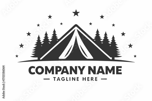 Black silhouette tent stands amid pine trees beneath sparkling stars on a white background