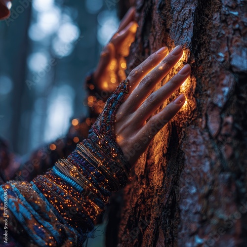 Glowing hands adorned with numerous bracelets gently touch a tree trunk, emitting a warm, golden light against a blurred forest backdrop, creating a mystical and ethereal atmosphere