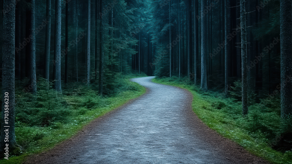 Fototapeta premium Winding forest trail surrounded by tall trees and lush greenery, evoking serene atmosphere