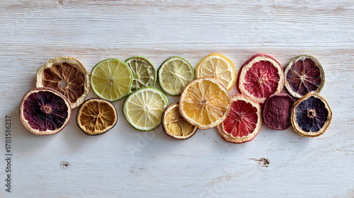 Assortment of colorful dried citrus fruit slices, including lemons, limes, oranges, and grapefruits, arranged on a rustic wooden background.