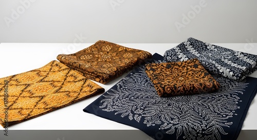 Flat lay showcasing five intricately patterned batik textiles in warm, earthy tones against a clean white background; showcasing diverse designs and color palettes.