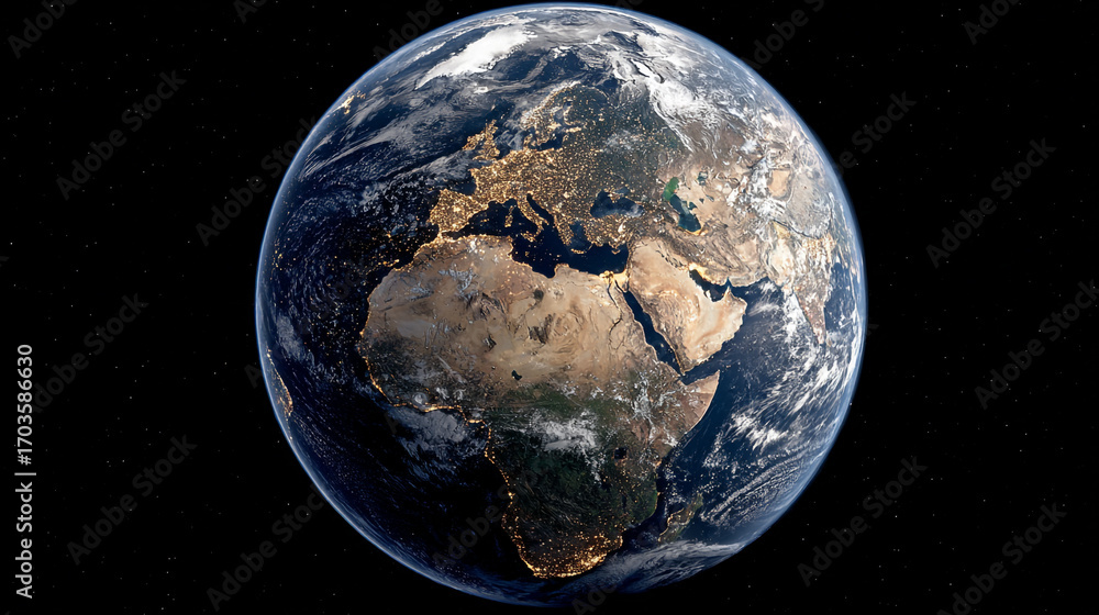 custom made wallpaper toronto digitalEarth at night showing Africa Europe and Asia city lights and clouds against a black space background
