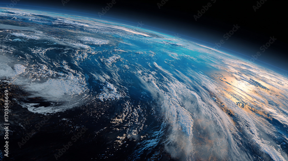 Fototapeta premium Stunning view of Earth from space showing swirling clouds and ocean sunrise