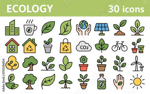 Ecology and Sustainability Icons Collection Featuring Green Energy and Nature Elements environment