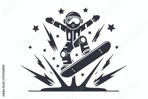 Black snowboarder with raised arms rides inside a circular pattern