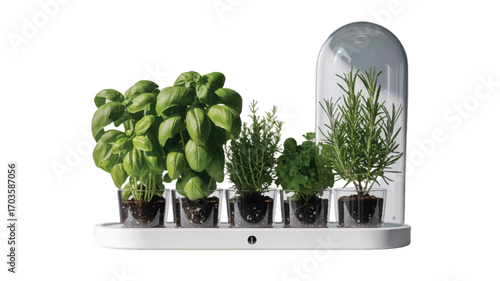 Assortment of Fresh Herbs in Small Pots Under a Glass Dome on a White Tray basil rosemary