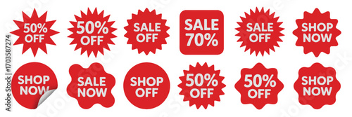 Group of Red Sale and Shop Now Promotional Stickers and Labels Keywords: sale, shop now, discount, offer, promotion, shopping, retail, marketing, announcement, sticker, label