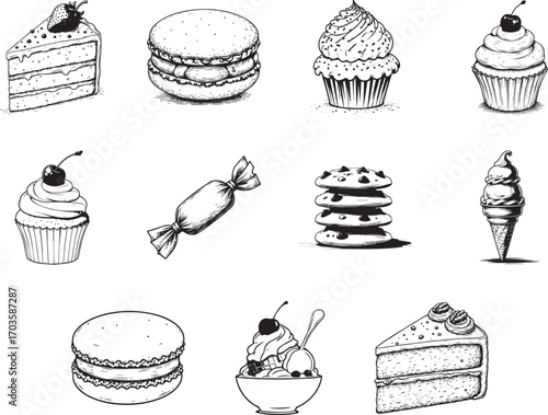 Sweet Delights: A collection of hand-drawn desserts, featuring a slice of cake, macaron, cupcake, candy, cookies, and ice cream. These illustrations evoke a sense of nostalgia and culinary delight.