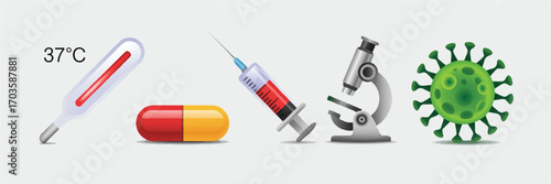 Medical Icons Including Thermometer Syringe Microscope and Coronavirus Symbol health healthcare