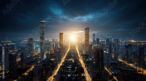 Wallpaper Mural Glowing grid of smart city night with skyscrapers and illuminated streets creates vibrant Torontodigital.ca