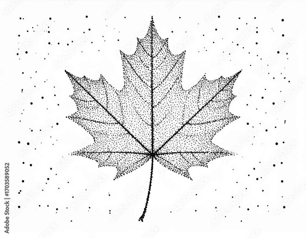 Fototapeta premium Abstract Black and White Dotted Maple Leaf Depiction on a White Background