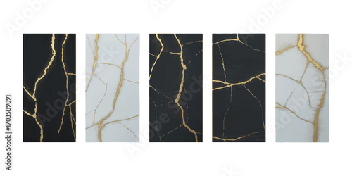 Five Rectangular Panels with Black White and Gold Kintsugi Style Cracks ceramic repair