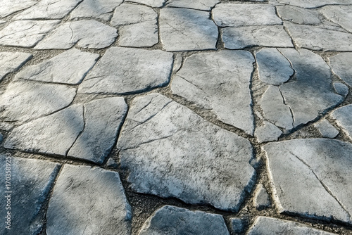 Close-up view of a textured stone pathway, featuring irregularly shaped slabs in a garden setting, showcasing earth tones under natural light