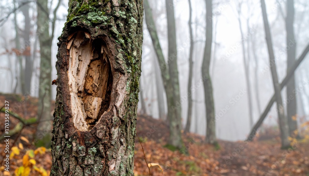 Fototapeta premium Tree Trunk with a Hole in a Forest with Autumnal Ground Fog and Deciduous Foliage