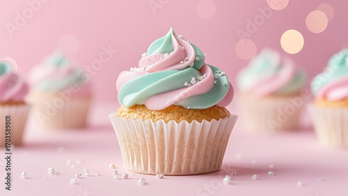 Realistic pale yellow cupcake with pastel pink and mint green swirled frosting, iridescent glitter sprinkles, soft pink background and gold bokeh lights, shallow depth of field