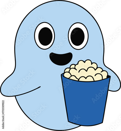 Amusing blue ghost character enjoying a bucket of popcorn while watching a movie and having fun vector