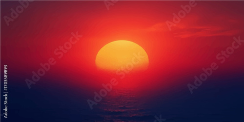 Orange sun on the horizon above the sea at dusk