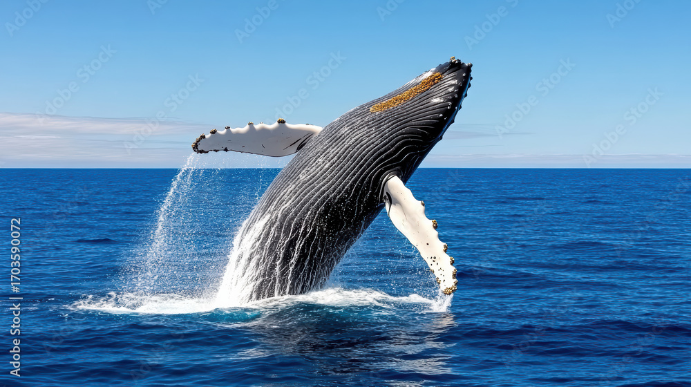 Fototapeta premium Humpback whale breaching at surface, showcasing its majestic form and splashing water