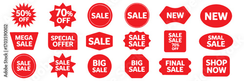 Set of Red Sale and New Product Announcement Stickers and Labels Keywords: sale, new, discount, offer, promotion, shopping, retail, marketing, announcement, sticker, label, tag