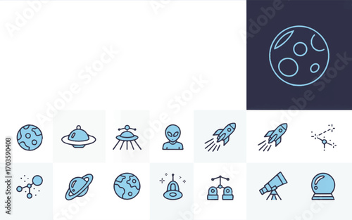 Space and astronomy icons including planets rocket alien and telescope moon earth