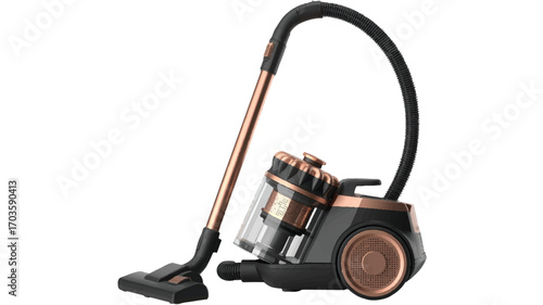 Modern Rose Gold and Black Cylinder Vacuum Cleaner with Hose and Floor Head on White Background cleaning