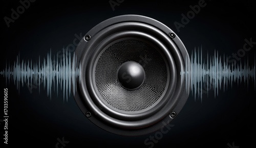 A close-up shot of a dark speaker with sound waves