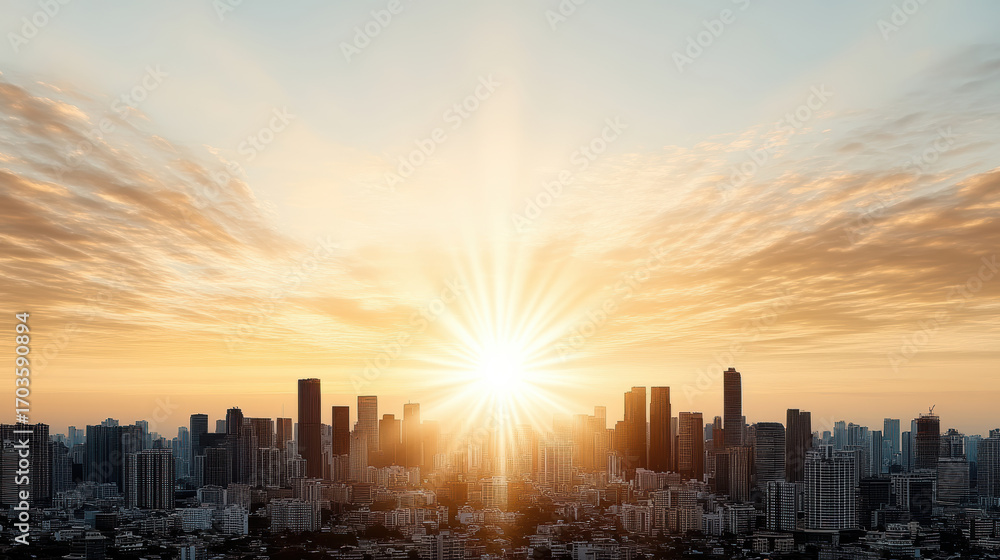 Obraz premium Golden sun rising behind city skyline, illuminating buildings with dramatic rays of light