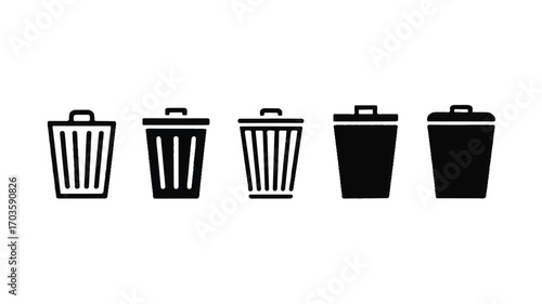 Set of Five Black Silhouette Icons of Different Trash Cans on White Background garbage waste